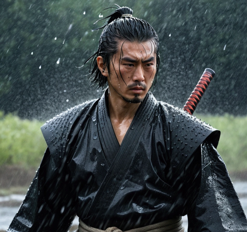A Japanese swordsman, wearing a black haori, katana on the waist, cinematic,water drops, raining,in the middle of a battlefield, surrounded by other samurai,Short spiky hair,relaxed hair,scar on the face