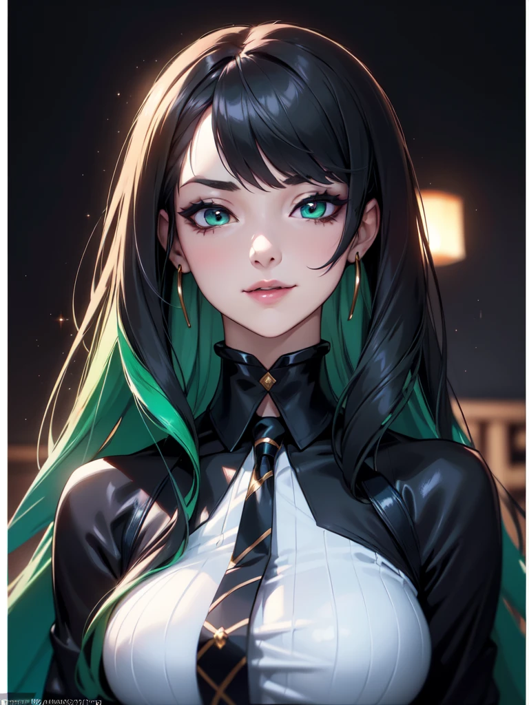 (((Portrait Photo))), She has the Appearance of a Playful and Unrestrained Teacher, with a Voluptuous Figure that Commands Attention. Her Long, Lush Hair is Styled in an Alluring Manner, with Sleek Black Strands Interspersed with Vibrant Green Streaks. Her Bright, Sparkling Green Eyes Carry a Lively, Mischievous Gleam, Reflecting Her Joyful and Unburdened Nature. She is Dressed in a ??????????? Shirt with a Bold Tie, the Buttons Straining Against Her Bust. Her Expression is Radiant and Seductive, with a Persistent, Coy Smile and an Intense, Smoldering Glint in Her Eyes, Suggesting a Hidden, Nymphomaniac Side Beneath Her Playful Facade. (((High Quality, Dark Background))), (((Portrait Photo)))
