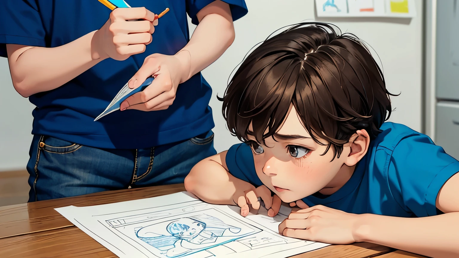 year old boy with short brown hair and is wearing a blue t-shirt and shorts, showing a paper with a drawing to his mother, she is ignoring him, because she is distracted looking at her cell phone. ((colorful full body hand drawing)) ((detailded))