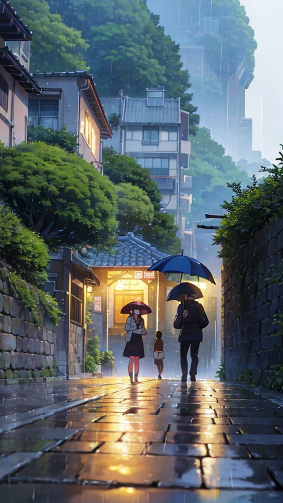 Ghibli-style animation、A high school boy and girl sharing an umbrella in the rain。The girl is smiling brightly、The boy looks a little embarrassed but happy.。The background is a lush landscape and cobblestone roads.、The colors are soft、A fantastic atmosphere。