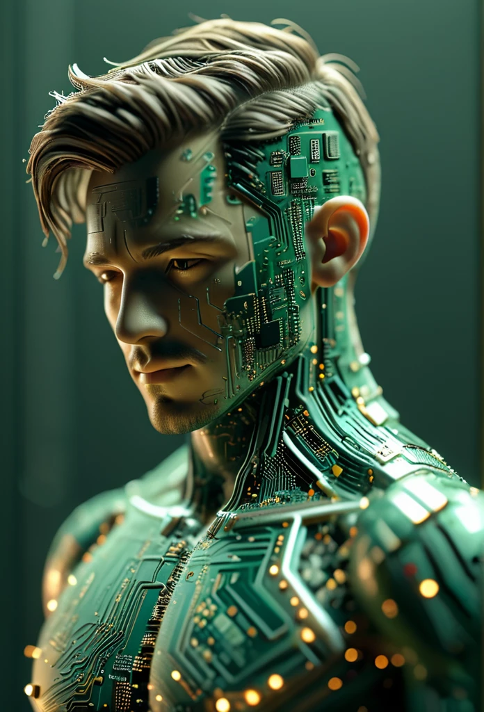 isometric style circuitboard of a handsome man's bust made from circuitboard, ((focus))