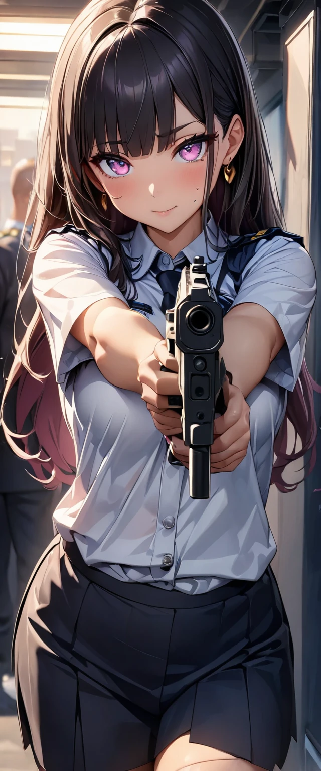 (Perfect Anatomy)、Mastepiece、Ultra High Quality、 8k、masterpiece、Highest quality、Ultra-high resolution、Maximum resolution、Very detailed、Professional Lighting、anime、woman、thin、Very beautiful face、Very beautiful eyes、(Highly detailed eye)、Highly detailed face, Golden earrings、Black Hair,、Pink eyes, police uniform, Braiding、Straight bangs, full body, standing, (((hold a gun and take aim)))