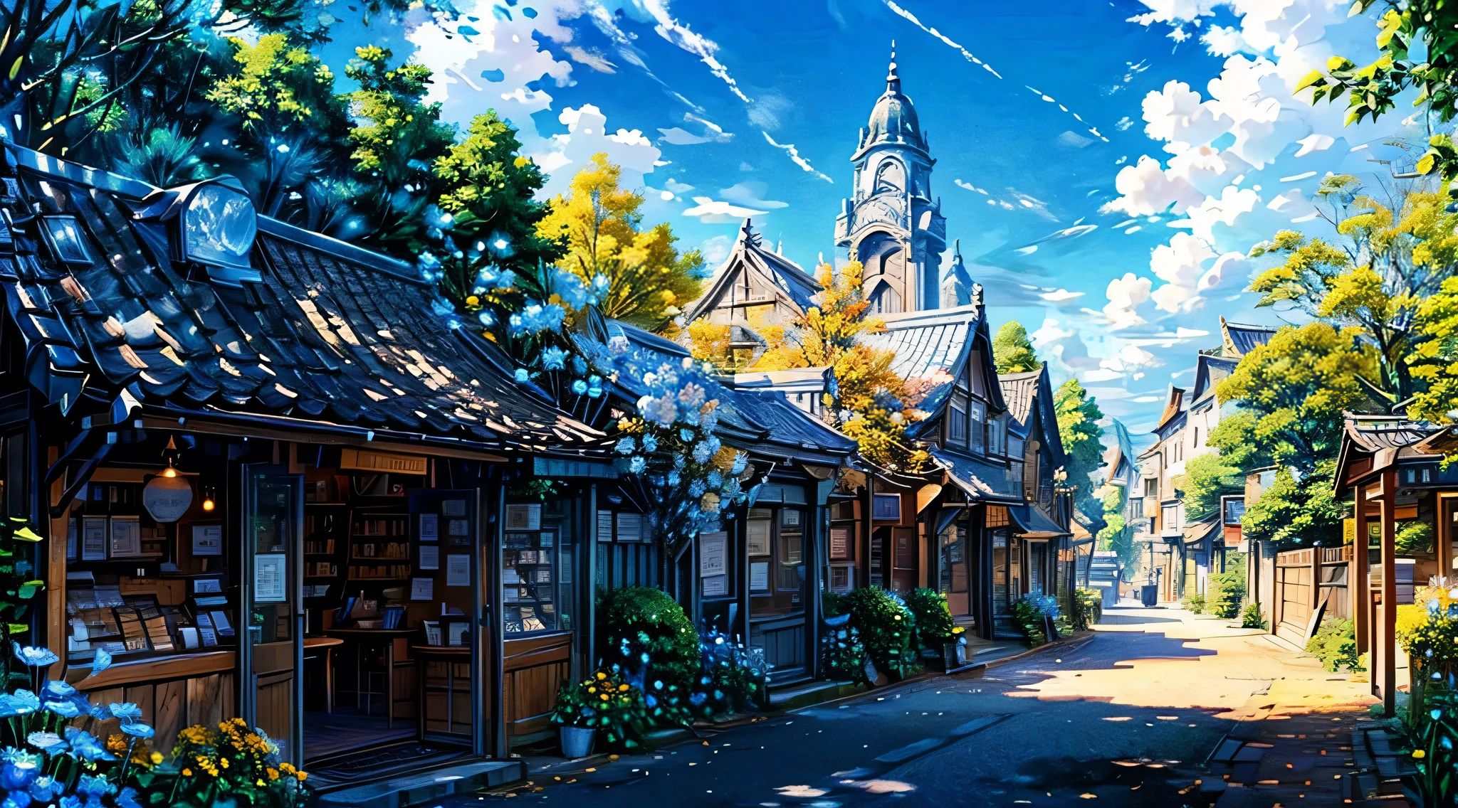 The town streets are lined with trees,Blue sky and white clouds,sunny,There are new small shops on both sides.,Small Cafe,Small Book Bar,There were a lot of flowers,Healing style