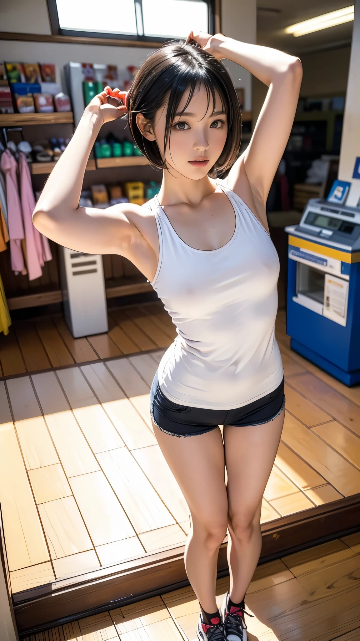 (8k, RAW Photos, 最high quality, masterpiece:1.2), high qualityのRAWカラー写真, Professional photo shoot, Cinematic Light, alone, ((Raise your arms:1.2, Show your armpits:1.3)), ((-yeld gi), (Sharp features), (Small face), (Skin with attention to detail:1.2), (Very slim:1.4, Thin arms), clavicle, Cute Face, Beautiful appearance, (Black Hair, Bobcut), Tank top, Short spats, sneakers, Capture the happy moment, Artistic painting,((Long legs:1.3, Thin thighs:1.3)), (Very nice touch:1.2), Peaceful atmosphere, Bright colors, (Are standing:1.5, Inside a convenience store, Full body portrait), Smooth texture, Gazing Eyes, Beautiful Skin, Glowing Skin, ((Perfect Fingers, Five Fingers, Anatomically correct)), Background Blur, high quality, Surreal, ((Very detailed, photo shoot)),blush、Black Hair