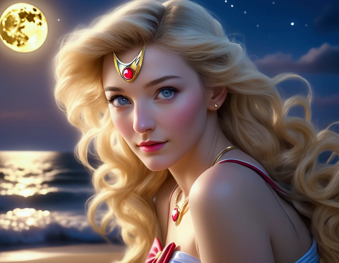 1girl, Sailor Moon, cate blanchett, 25 years old, long golden hair, cute bikini, hyper realistic, relaxing on moonlit beach, ultra-detailed, (best quality,4k,8k,highres,masterpiece:1.2),ultra-detailed,(realistic,photorealistic,photo-realistic:1.37),HDR,UHD,studio lighting,ultra-fine painting,sharp focus,physically-based rendering,extreme detail description,professional,vivid colors,bokeh,beautiful detailed eyes,beautiful detailed lips,extremely detailed eyes and face,longeyelashes,intricate details,stunning ocean scenery,glowing moon in night sky,warm lighting,pastel colors,cinematic composition