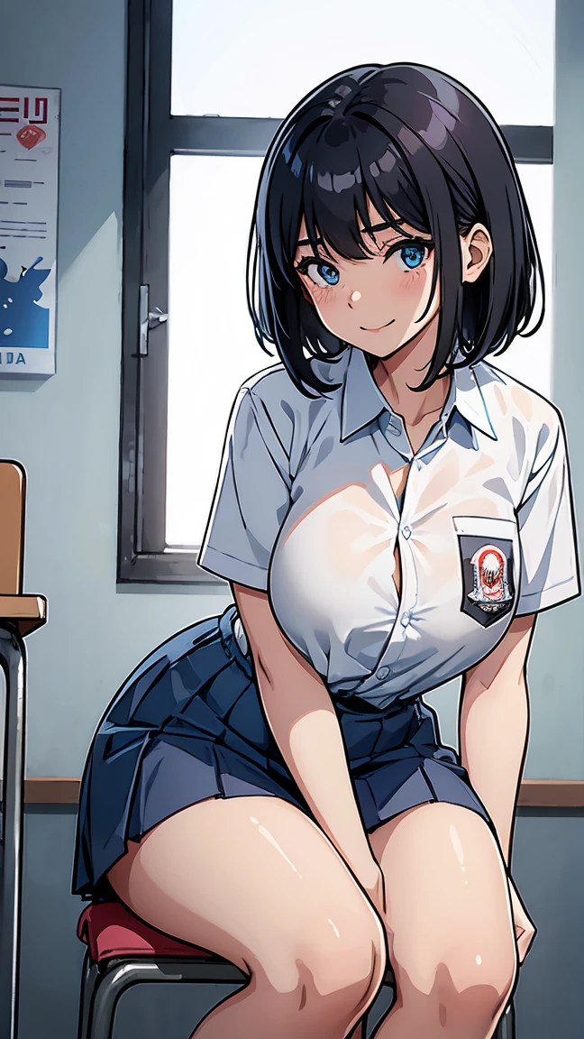 1 woman, 17 years old, (Korean Wolf Cut haircut, black hair), scared face expression, plump body, blue eyes, Indonesian high-school uniform, (wearing transparent white shirt, showing bra), osis logo on shirt pocket, huge XL breasts, light-grey pleated skirt, sitting on a chair, seductive pose, full body shot, smiling, blush, looking_at_viewer, in the classroom,