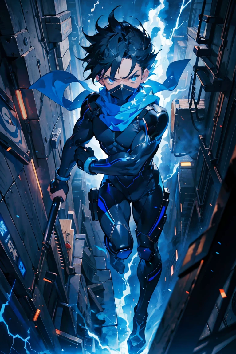 ((muste piece)), ((best quality)), ((dark blue eyes)), ((Dark black hair)),full-body picture,ninja hero boy,sexy shota,cold expression,black mask,black and blue white tight bodysuit,skin texture hero suit, long blue broken scarf,blue tabi socks,ninja pose, ((very very short hair,spiky hairstyle)),masculine,sexy,Sanpaku Eyes,muscle,Lightning special effects