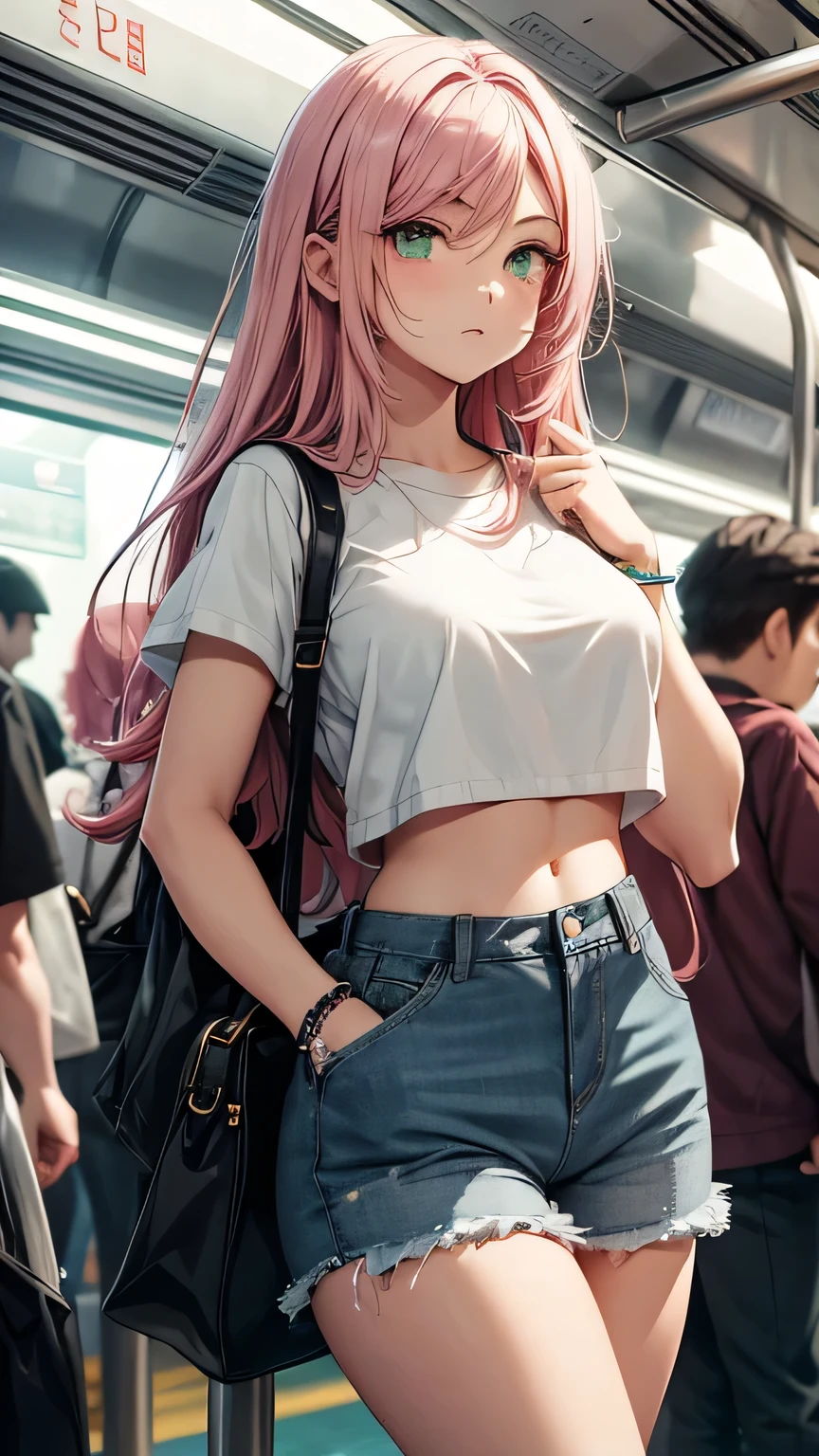 Not Facing Observer, An 18-year-old girl with long waist-length pink hair and large jade green eyes stands in a crowded train subway. She’s wearing a casual outfit: a cropped white top that shows her midriff and high-waisted denim shorts, accessorized with a delicate bracelet. Her and curvy frame is slightly pressed by the crowd, and she holds onto a strap with one hand for balance. She’s looking to her left, her expression curious and adventurous as she observes the passengers around her. The subway car is filled with people, some seated and others standing, with advertisements and route maps visible on the walls, creating a lively urban atmosphere.