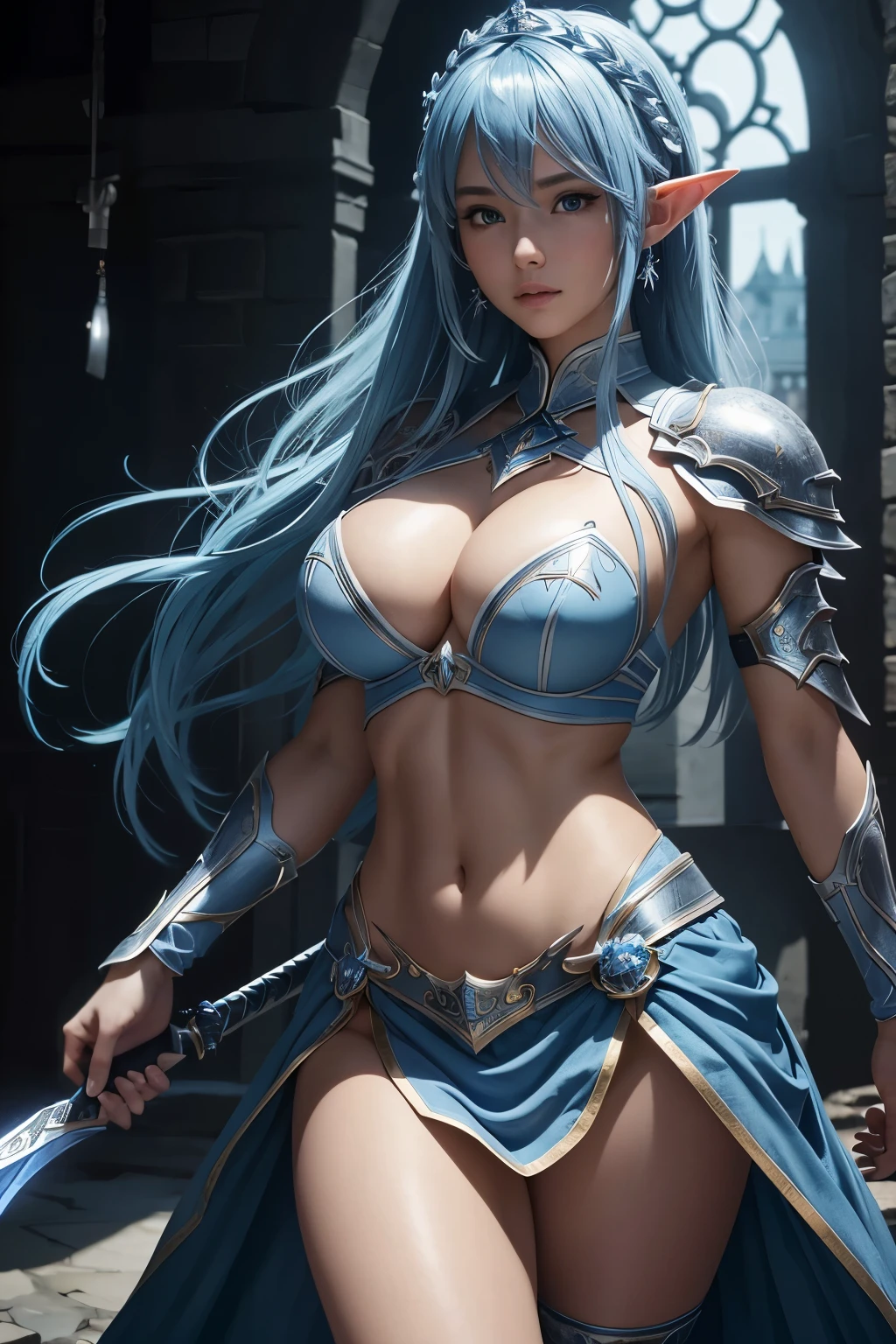 8k、A dark elf paladin in gorgeous blue and white chest armor..、Super Beauty(Realistic)、Tan Skin、Elf Ears、Model Chute Style、(非常にdetailedなCGユニティ8k壁紙)、Full body photos of the most beautiful works of art in the world、Front 4 poses、Blue Hair、Gorgeous blue and white long combat skirt、diamond、Medieval architecture、It was a hot topic on Art Station.、CG Trends、detailed、Every detail、Sharp focus、very, very big breasts、blue eyes、audience、Beautiful expression、Accentuate your cleavage、Beautiful decoration、very大きな笑顔、make、Inside the cave、Tan Skin、Beautiful Blue Hair,Rich colors、Backlight、Cinema Lighting、Film Grain、50mm lens、Nikon D850、Ultra-high resolution、Ultra-realistic、Dynamic fighting pose、In a dark dungeon、compensate,He has a light blue and silver sword,Tan Skin,very, very big breasts,Holy Knight,Russian women,Very large breasts,Blue and white long combat skirt,青と白のVery large breastsのセクシーなプレートの胸鎧(Precise flame work),