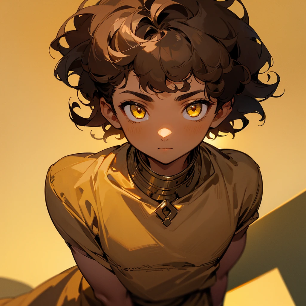 Small Brown curly hair with a fade, Yellow Eyes, Simple background, Masterpiece, Best Quality, Detail, 1boy, light brown skin