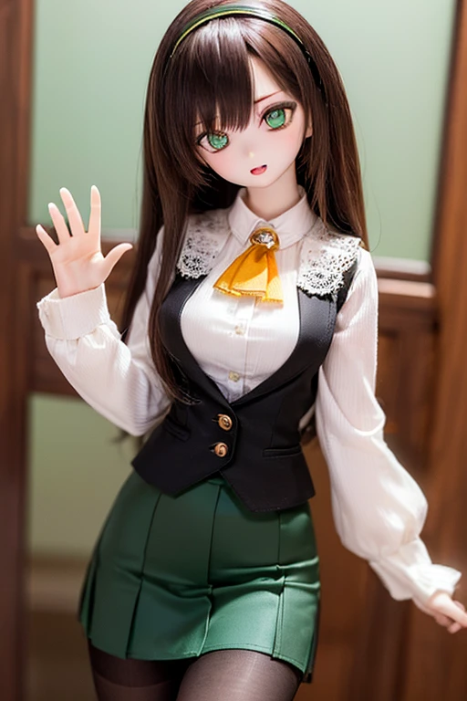 (SFW:2), photorealistic, realistic photo, 8k, ((highest quality)), ((masterpiece)), (extremely detailed), kukolnydom, doll, (mature woman, 22yo, 22 years old, solo:1.6), ((cowboy shot, head tilt, waving, slim, slender, skinny, medium breasts, hairband, ascot, vest, blouse, long puff sleeves, pleated skirt, black pantyhose)), (green eyes, brown hair, long hair, plastic skin, looking at another, glass eyes, gradient eyes, shining eyes, detailed eyes:1.3)