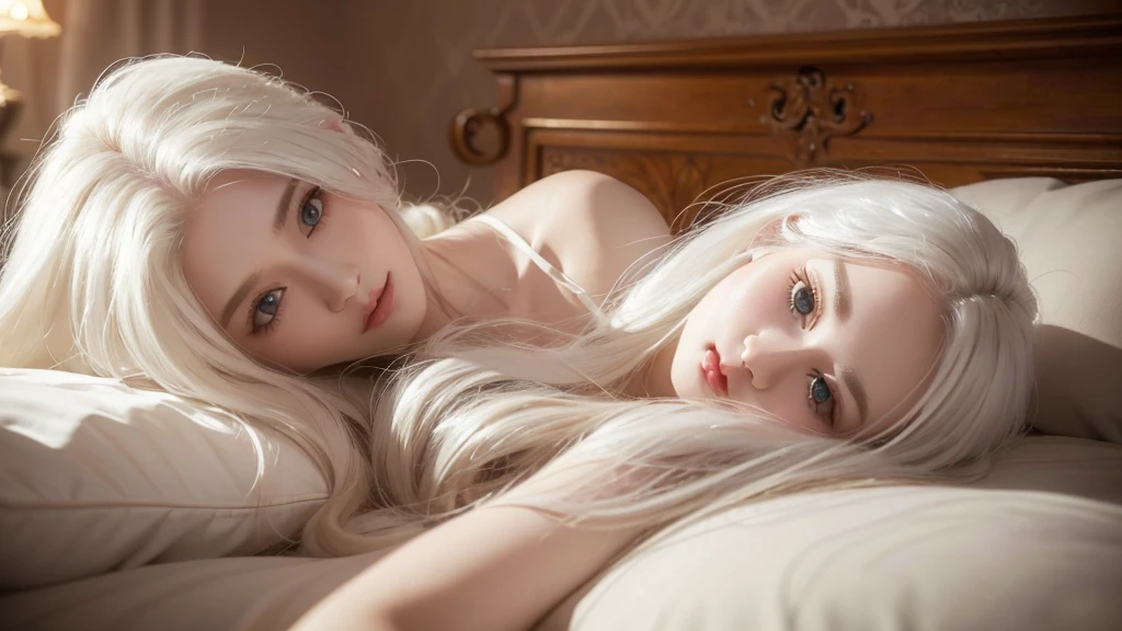 a beautiful girl with long white hair and red eyes lying on a bed, pale skin, detailed face, beautiful detailed eyes, beautiful detailed lips, extremely detailed eyes and face, long eyelashes, intricate hair details, warm color tones, cinematic composition, delicate and elegant, soft lighting, photorealistic, masterpiece, high quality, 8k