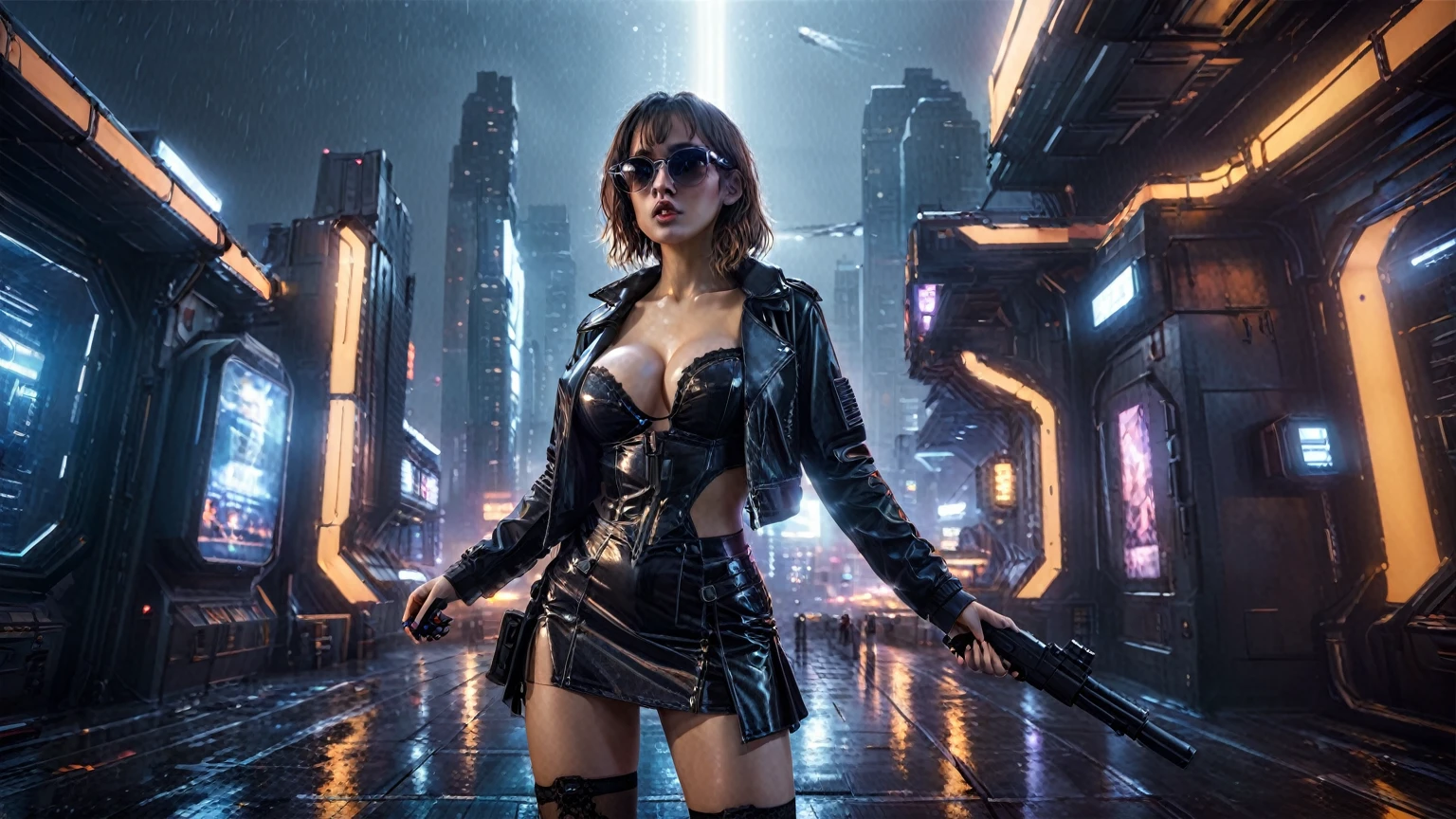(((aerial view))), Blade Runner style futuristic space station platform, flying cars, neon lights, rainy night. (1girl, solo, alone), large-breast:1.2 slim body, cleavage:1.1, sexy laced lingerie, very low angle view miniskirt, jacket, (black sunglasses), (((she raised a pistol:1.8 and shot the viewer))), dynamic pose, (((half-body thigh level medium shot))), cinematic lighting, lens flare, ray tracing.
