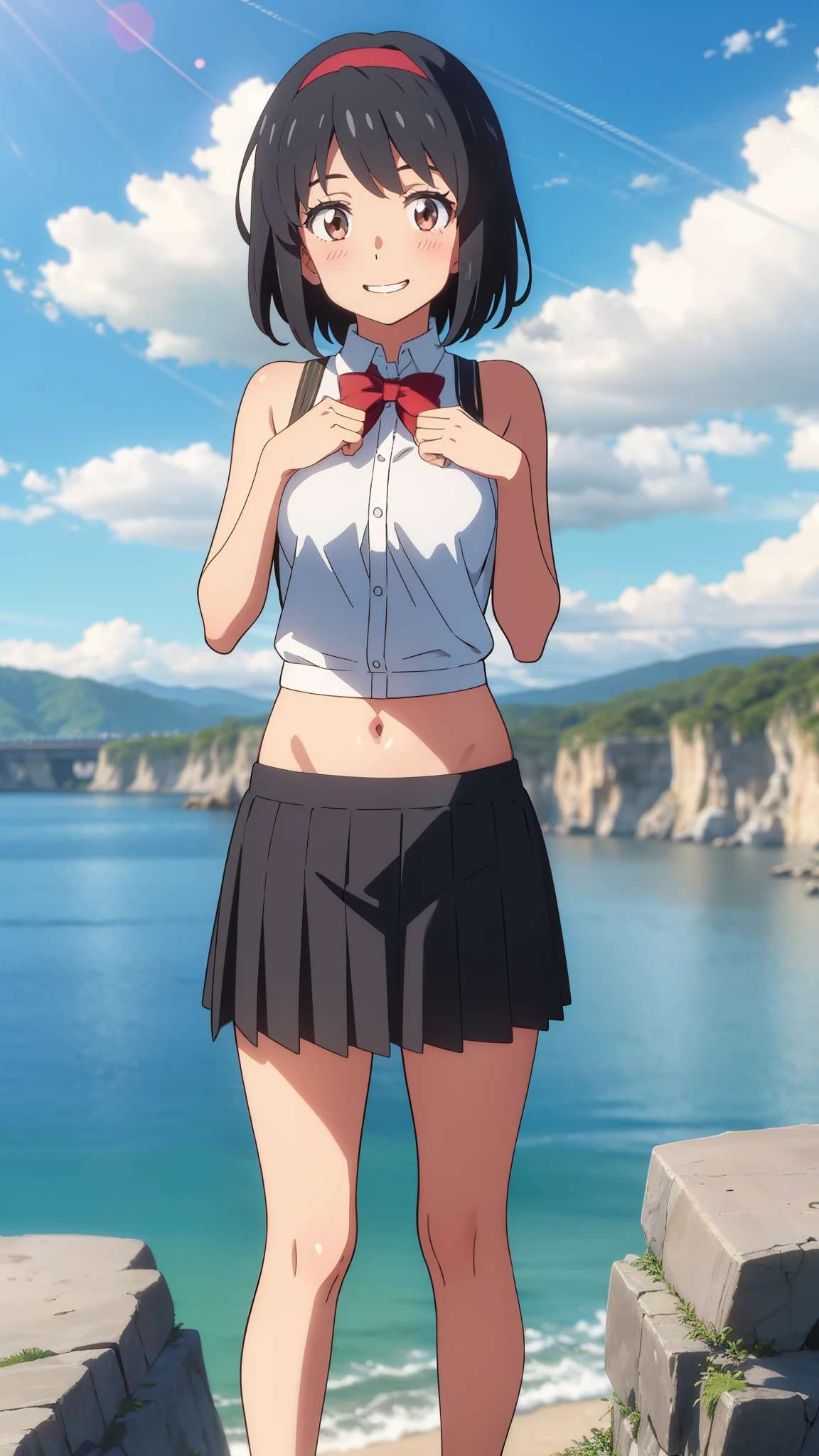 shinkai makoto, kimi no na wa., 1girl, bangs, black hair, blush, expressive eyes, brown eyes, perfect face, looking at the viewer, white shirt, exposed navel, bare shoulders, red headband, red bow, black skirt, short hair, solo, outdoors, shinny skin, smile, cute, grin, cloudy, blue sky, mountains, rocks, standing, (masterpiece), best quality