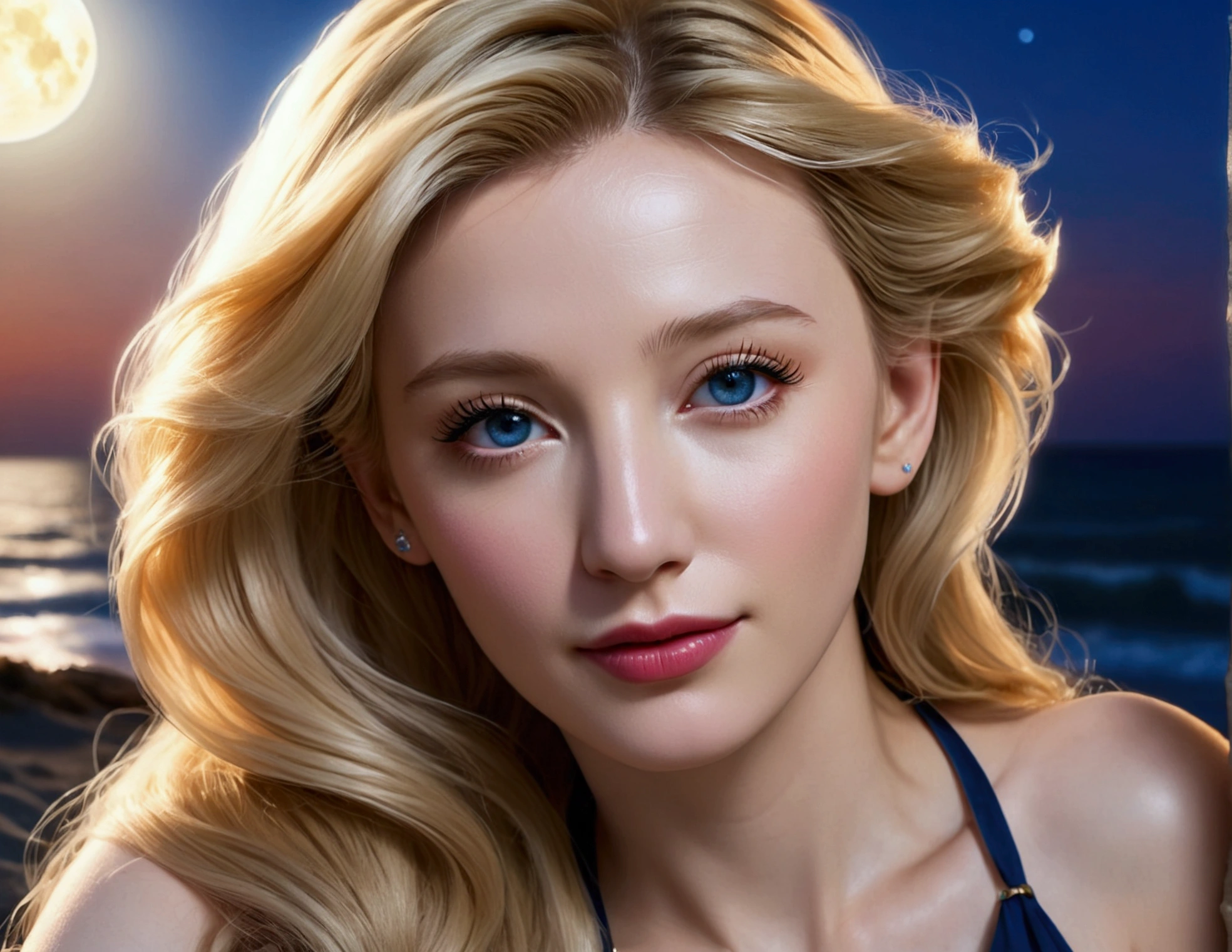 1girl, Sailor Moon, cate blanchett, 25 years old, long golden hair, cute bikini, hyper realistic, relaxing on moonlit beach, ultra-detailed, (best quality,4k,8k,highres,masterpiece:1.2),ultra-detailed,(realistic,photorealistic,photo-realistic:1.37),HDR,UHD,studio lighting,ultra-fine painting,sharp focus,physically-based rendering,extreme detail description,professional,vivid colors,bokeh,beautiful detailed eyes,beautiful detailed lips,extremely detailed eyes and face,longeyelashes,intricate details,stunning ocean scenery,glowing moon in night sky,warm lighting,pastel colors,cinematic composition