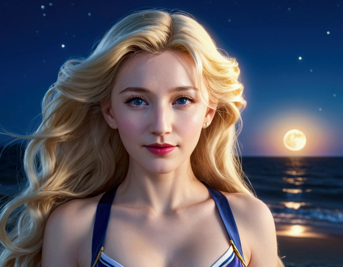 1girl, Sailor Moon, cate blanchett, 25 years old, long golden hair, cute bikini, hyper realistic, relaxing on moonlit beach, ultra-detailed, (best quality,4k,8k,highres,masterpiece:1.2),ultra-detailed,(realistic,photorealistic,photo-realistic:1.37),HDR,UHD,studio lighting,ultra-fine painting,sharp focus,physically-based rendering,extreme detail description,professional,vivid colors,bokeh,beautiful detailed eyes,beautiful detailed lips,extremely detailed eyes and face,longeyelashes,intricate details,stunning ocean scenery,glowing moon in night sky,warm lighting,pastel colors,cinematic composition