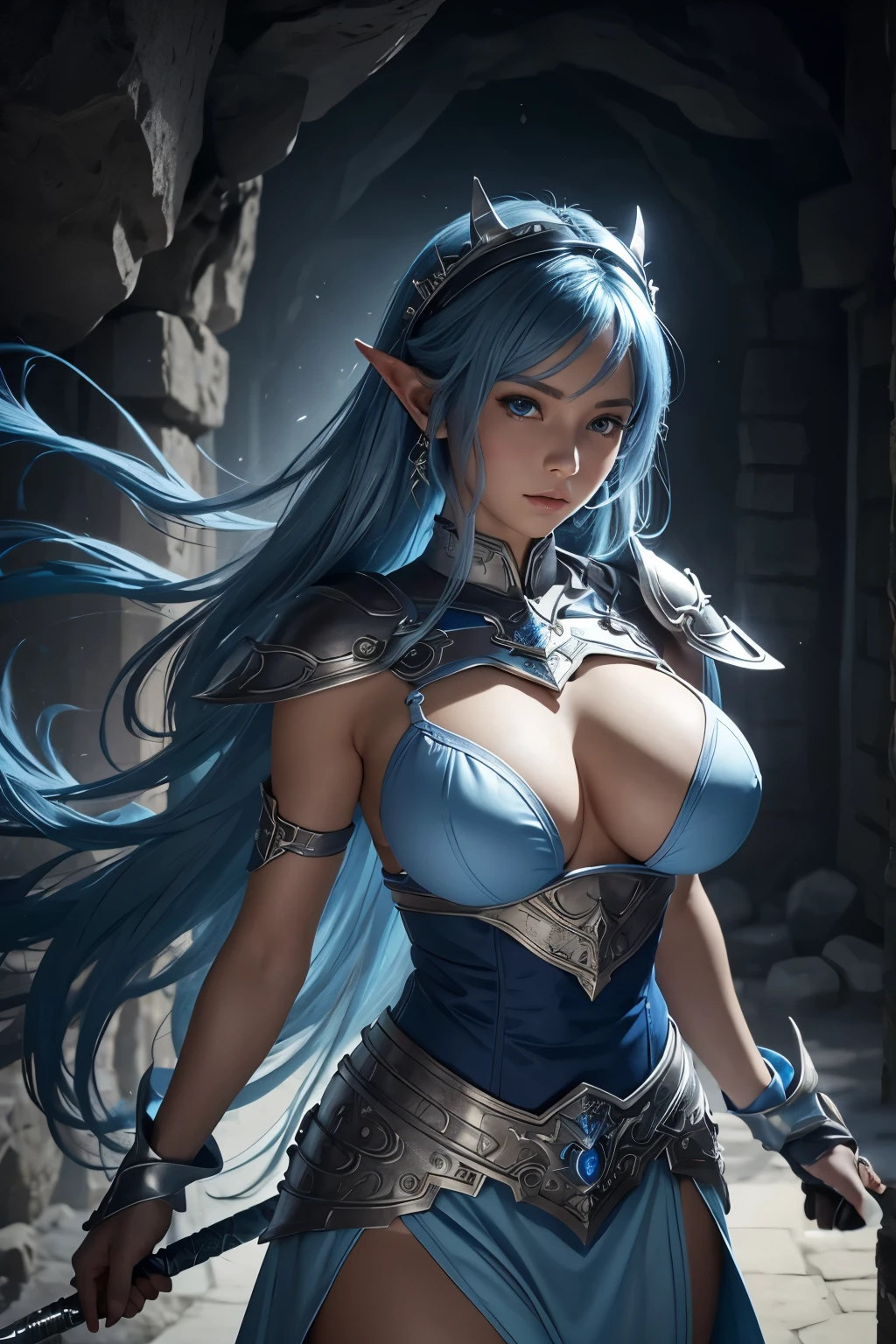 8k、A dark elf paladin in gorgeous blue and white chest armor..、Super Beauty(Realistic)、Tan Skin、Elf Ears、Model Chute Style、(非常にdetailedなCGユニティ8k壁紙)、Full body photos of the most beautiful works of art in the world、Front 4 poses、Blue Hair、Gorgeous blue and white long combat skirt、diamond、Medieval architecture、It was a hot topic on Art Station.、CG Trends、detailed、Every detail、Sharp focus、very, very big breasts、blue eyes、audience、Beautiful expression、Accentuate your cleavage、Beautiful decoration、very大きな笑顔、make、Inside the cave、Tan Skin、Beautiful Blue Hair,Rich colors、Backlight、Cinema Lighting、Film Grain、50mm lens、Nikon D850、Ultra-high resolution、Ultra-realistic、Dynamic fighting pose、In a dark dungeon、compensate,He has a light blue and silver sword,Tan Skin,very, very big breasts,Holy Knight,Russian women,Very large breasts,Blue and white long combat skirt,青と白のVery large breastsのセクシーなプレートの胸鎧(Precise flame work),