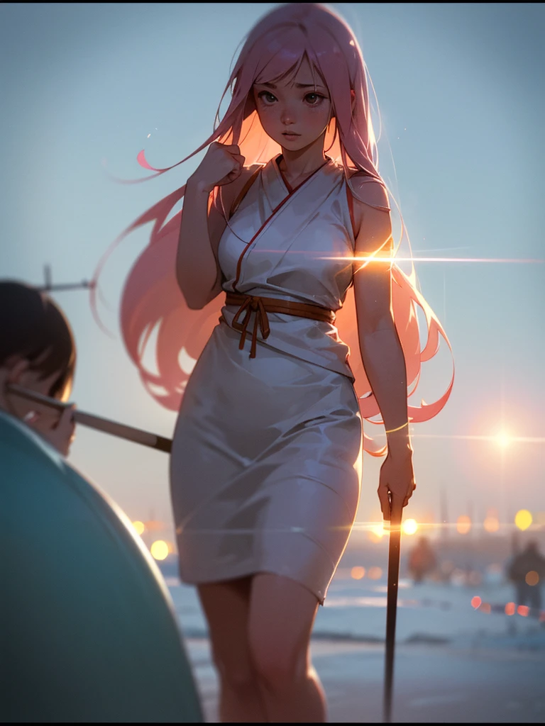 (Sumilux f1.4 50mm , low Latitude old color negative film , cross process , bokeh, flare, chromatic aberration , soft focus, (Shallow focus) , soft glow , Maximum aperture, High Key , Transparent depiction) , A toilet girl fighting with a naginata