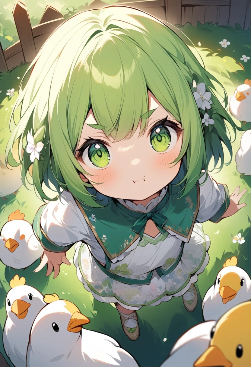 In a vibrant, sunlit garden with lush greenery and colorful flowers, a little female  with medium green hair and green maro eyebrows stands amidst a flock of curious chickens. She has a pouty expression, slightly grumpy with a pronounced pout and a furrowed brow. Her green eyes, wide open and expressive, gaze directly at the viewer in a mix of frustration and curiosity. The , dressed in a playful and colorful outfit adorned with floral patterns, stands in the center of the scene, surrounded by chickens pecking at the ground. The background features a serene, detailed garden setting with various plants and a wooden fence partially visible. The scene is captured in a high-detail close-up, with a focus on the child's emotions and the playful interaction with the chickens. The image is rendered in masterpiece quality with highest detail, depth of field, and enhanced with 16K resolution for a vivid and immersive experience.
masterpiece, highest_quality, depth_of_field, C4D, 16K, anime, green_hair, green_eyebrows, pouty_expression, grumpy_child, jitome, frown, green_eyes, chickens, garden_background, detailed_clothing, playful_outfit, high_detail, close_up, serene_garden, floral_patterns
