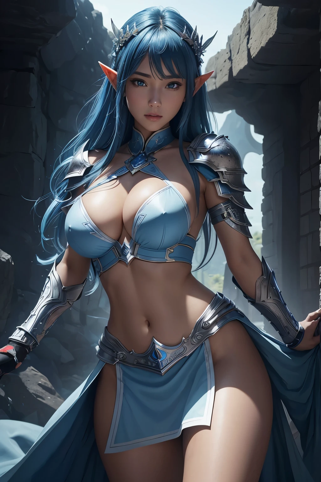 8k、A dark elf paladin in gorgeous blue and white chest armor..、Super Beauty(Realistic)、Tan Skin、Elf Ears、Model Chute Style、(非常にdetailedなCGユニティ8k壁紙)、Full body photos of the most beautiful works of art in the world、Front 4 poses、Blue Hair、Gorgeous blue and white long combat skirt、diamond、Medieval architecture、It was a hot topic on Art Station.、CG Trends、detailed、Every detail、Sharp focus、very, very big breasts、blue eyes、audience、Beautiful expression、Accentuate your cleavage、Beautiful decoration、very大きな笑顔、make、Inside the cave、Tan Skin、Beautiful Blue Hair,Rich colors、Backlight、Cinema Lighting、Film Grain、50mm lens、Nikon D850、Ultra-high resolution、Ultra-realistic、Dynamic fighting pose、In a dark dungeon、compensate,He has a light blue and silver sword,Tan Skin,very, very big breasts,Holy Knight,Russian women,Very large breasts,Blue and white long combat skirt,青と白のVery large breastsのセクシーなプレートの胸鎧(Precise flame work),