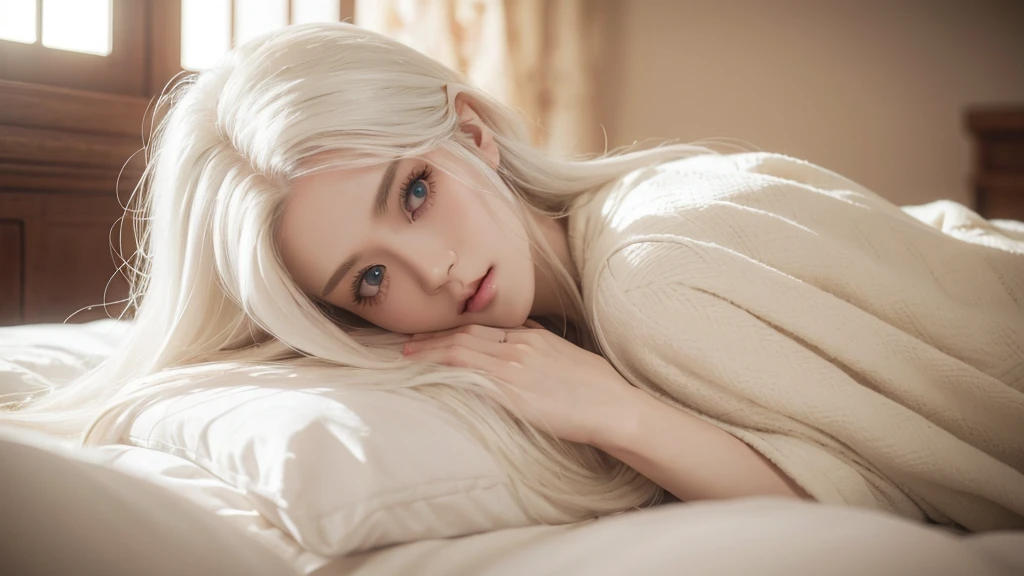 a beautiful girl with long white hair and red eyes lying on a bed, pale skin, detailed face, beautiful detailed eyes, beautiful detailed lips, extremely detailed eyes and face, long eyelashes, intricate hair details, warm color tones, cinematic composition, delicate and elegant, soft lighting, photorealistic, masterpiece, high quality, 8k