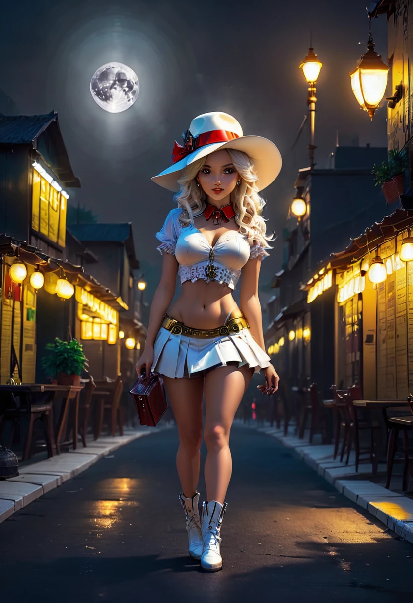 a picture of a female vampire cowboy in the desert night, a goth beauty, exquisite beautiful female vampire, ((anatomically correct: 1.5), (ultra detailed face: 1.2), best detailed face, red glowing eyes, full body, busty, wearing white bottom shirt, short skirt, dynamic color, wearing (Gambler Crease  hat: 1.2), wearing high heeled boots, it is night time in the desert, moon light. moon rays, west America desert canyon background, Hyperrealism style, vibrant, Ultra-high resolution, High Contrast, (masterpiece:1.5), highest quality, Best aesthetics), best details, best quality, highres, ultra wide angle, 16k, [ultra detailed], masterpiece, best quality, (extremely detailed) RAW, chumbasket art style, rpg portrait photograph