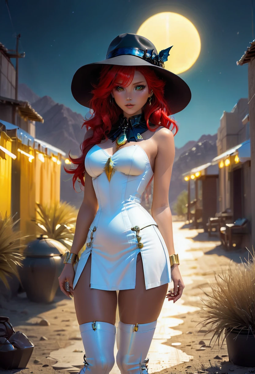 a picture of a female vampire cowboy in the desert night, a goth beauty, exquisite beautiful female vampire, ((anatomically correct: 1.5), (ultra detailed face: 1.2), best detailed face, red glowing eyes, full body, busty, wearing white bottom shirt, short skirt, dynamic color, wearing (Gambler Crease  hat: 1.2), wearing high heeled boots, it is night time in the desert, moon light. moon rays, west America desert canyon background, Hyperrealism style, vibrant, Ultra-high resolution, High Contrast, (masterpiece:1.5), highest quality, Best aesthetics), best details, best quality, highres, ultra wide angle, 16k, [ultra detailed], masterpiece, best quality, (extremely detailed) RAW, chumbasket art style, rpg portrait photograph