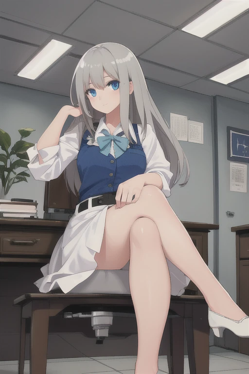 (((Best quality))), ((Ultra-detailed)), ((illustration)), ((Disheveled hair)), ((frilld)), (1 girl), (Solo), crossed_legs, desk, foot_focus, foreshortening, from_below, hand_on_own_face, head_rest, looking_at_viewer, on_desk, sitting, sitting_on_desk, tile_floor, rating:safe,gray_hair,blue_eyes,