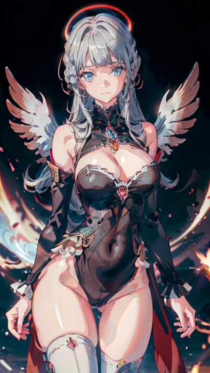 Anime Kawaii sexy Perfect Slim sensual body large breast and huge thighs, An intricate and highly detailed illustration of アニメ (Young girl). work of art, high qualiy, 4K, HDR, ancient castle, a one woman, marble texture, brick texture, feather texture, grumpy, looking ahead at viewer, gaping mouth, long hair, Blunt cut, Blunt bangs, silver hair, Red hair, two tone hair, Eyes red, anomalous eyes, blue colored eyes, jitome, pale skin, skin fair, toned body, voluptuous, curved, beauty brand, chifres vermelhos e pretos Spitzs na cabeça, a black halo above the head, with devil wings on his back, grown-up, dark fancy, fancy, comely, アニメ, Spitz, cowboy shot, facing the front, from front view, from low, low angle shot, moonlights, gothic fancy setting, medium breasts