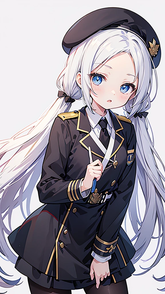 God Work Illustration,anime style,Forehead showing, twintail hair, white hair, blue eyes,Military police uniform and beret, long whip in hand, contemptuous expression,
black pantyhose,beret,13yo and 120cm,forehead,