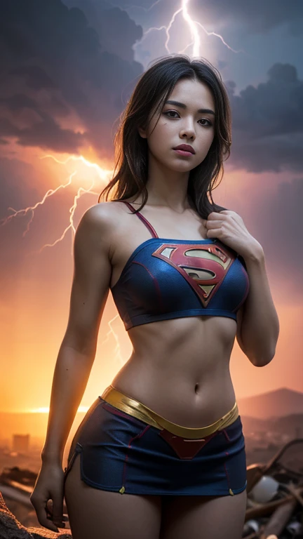 ((Beautiful woman wearing a sexy Supergirl costume, blonde and blond hair, blue eyes, underwear super cyberpunk costume ,An apocalyptic city of fire, showing flat stomach, Red mini skirt, beautiful fine hands, fringe, blue eyes, very detailed eyes, sexy body, large and round breasts, hard breasts, translucent stuff)), whole body, large and round breasts, unreal engine:1.4, detailed background, CG K Ultrarealistic, photorealistic:1.4, skin texture:1.4, masterpiece:1.4, 8K more detailed.unreal engine:1.4, HD, La Best Quality:1.4, photorealistic:1.4, skin texture:1.4, masterpiece:1.8,masterpiece, Best Quality,object object], (detailed facial features:1.3), (Apocalyptic sunset:1.4), (Rainy blue lightning background:1.4), (NSFW:1.2)