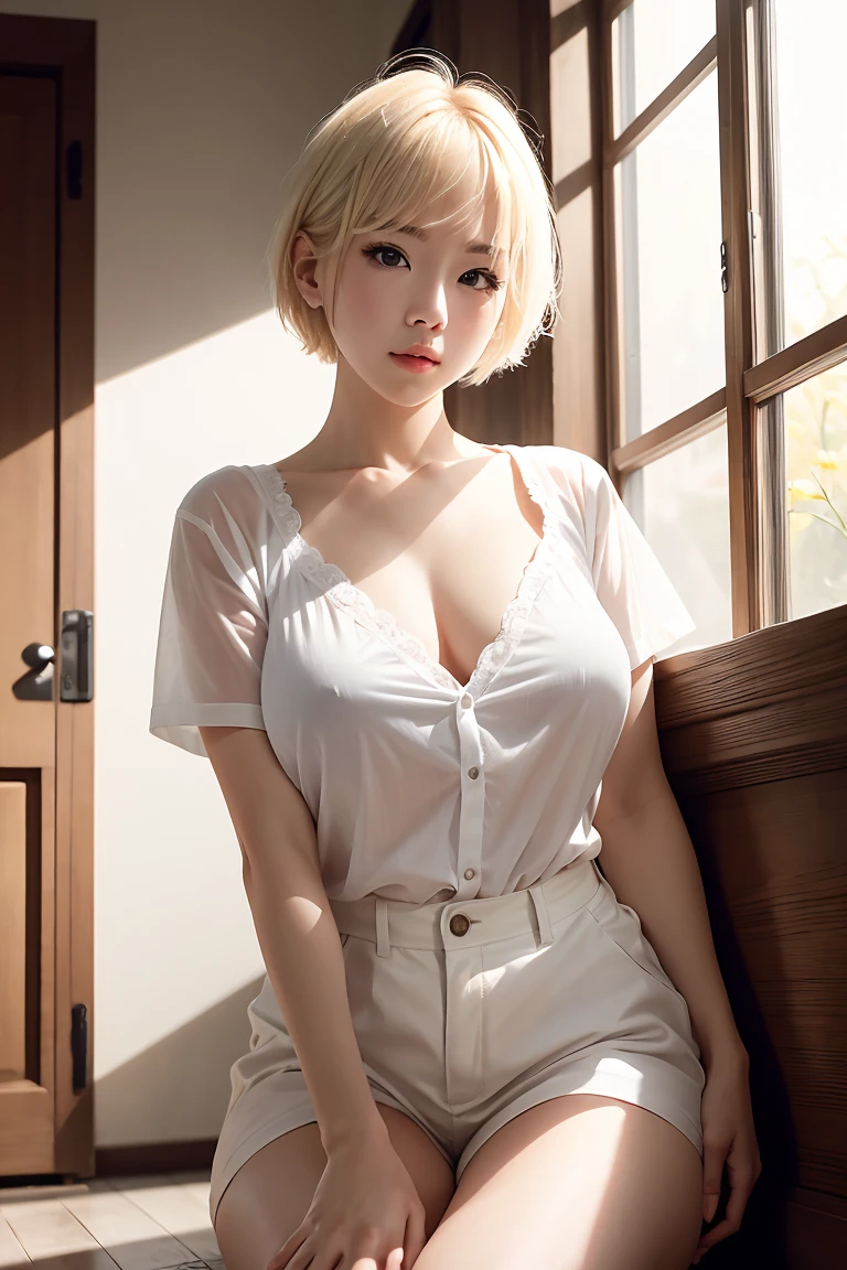 Wearing a short white shirt、Blonde hair beauty。Lean forward with your hands on your knees。Big Breasts(High color saturation,Capture the light:1.0), (Very detailed肌), (Highest quality:1.0), (High resolution:1.0) ,(Realistic:1.0), (Very detailed:1.0), (8k, RAW Photos:1.1)