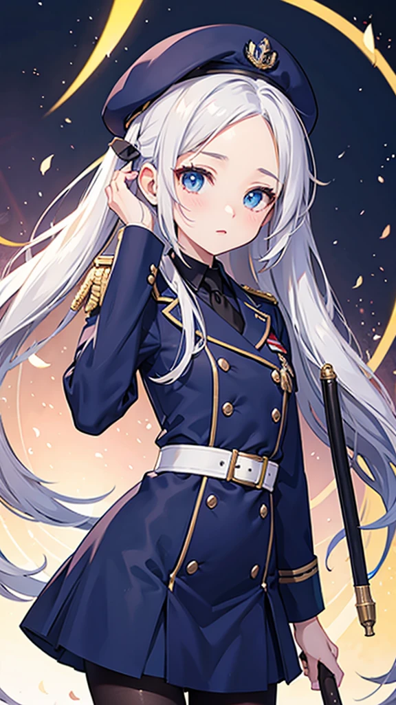 God Work Illustration,anime style,Forehead showing, twintail hair, white hair, blue eyes,Military police uniform and beret, long whip in hand, contemptuous expression,
black pantyhose,beret,yo and 120cm,forehead,