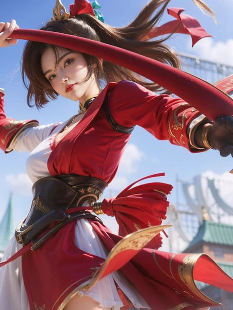 a close up of a woman wearing a red hood like a ruby ​​wearing a patch over one eye, shadowbringers cinematic, 4 k detail fantasy, a beautiful fantasy empress, game cg, xianxia fantasy, xianxia hero, 2. 5 d cgi anime fantasy artwork, cinematic goddess close shot, ruan jia and artgerm, wow 4 k detail fantasy, hyperdetailed fantasy character, smile beautifull.