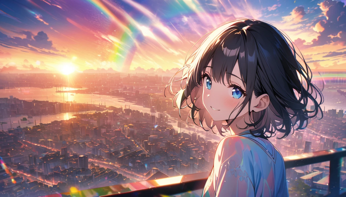 Angelic, beautiful 1girl, solo, gentle smile on her face flat chest, short hair, black hair, beautiful blue eyes, detailed woman, sunrise, rainbow, after the rain, horizon, in the sky, city , lens flare, colorful, high-res, 8K