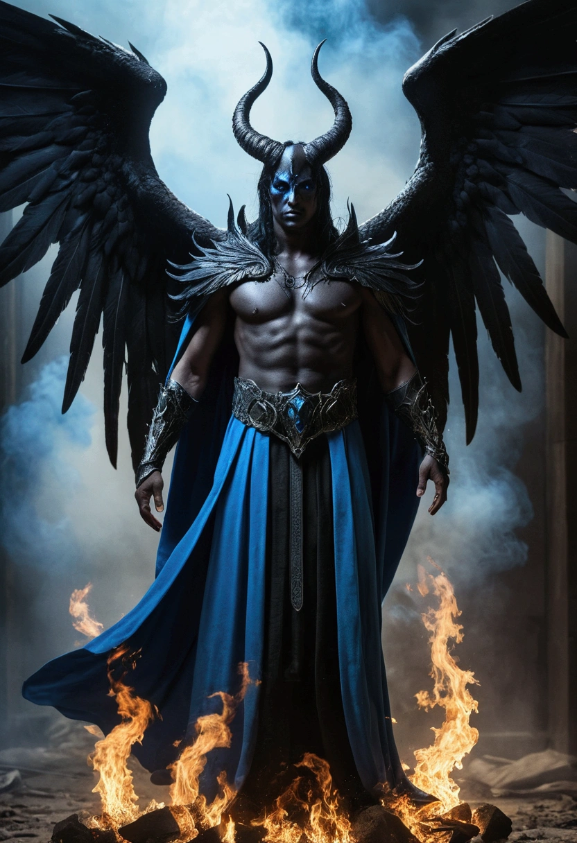 A human with large black wings and blue . Mortal injuries, missing body parts. Large black horns.