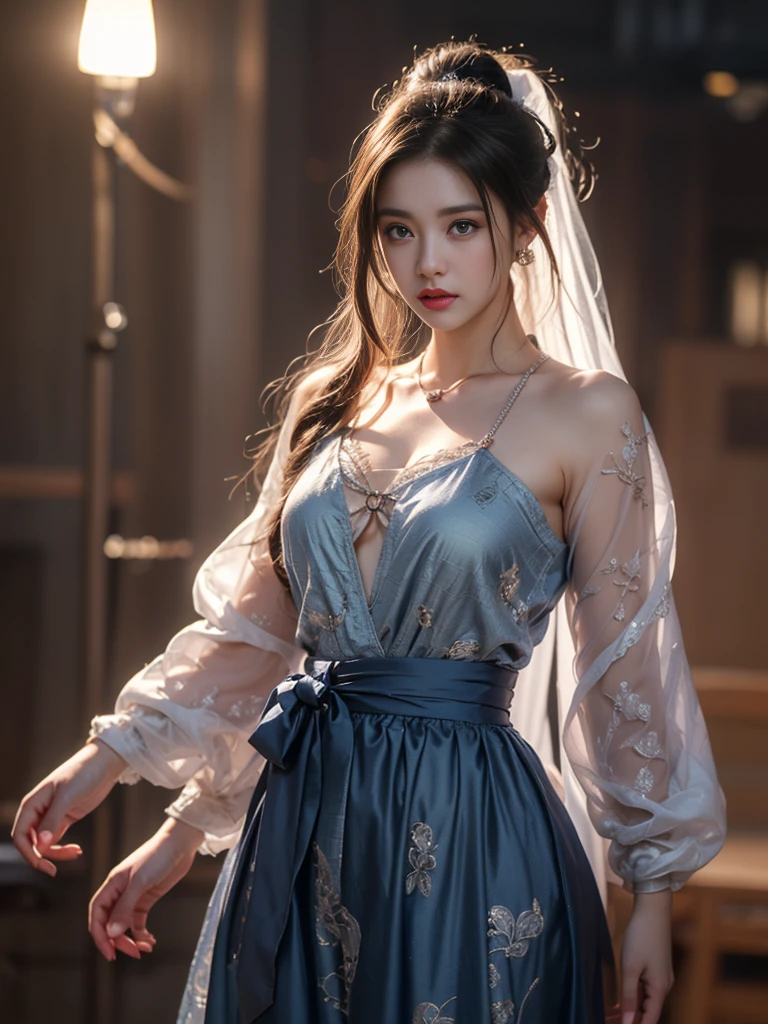 1 beautiful girl in Hanfu costume, ((dark blue thin silk nightgown with many patterns)), white lace nightgown, long platinum purple ponytail Hair, Jewelry, ear jewelry, bracelet neck and necklace, carefully drawn big purple eyes, careful makeup, Thin eyebrows, high nose, beautiful red lips, no smile, pursed lips, pink cheeks, wide chest, big chest, proportional chest, waist slim, shapely buttocks, hands wearing thin gloves, white fishnet stockings, feet wearing white shoes, Chinese hanfu style, fictional art texture, lots of realistic lighting and colors, RAW photos, real photos realistic, ultra-high quality 8k hyper-realistic photo, (effective fantasy lighting effect: 1.8), 10 x pixels, magic effect (Background): 1.8), super detailed eyes, full body portrait of girl, Chinese royal garden background, dynamic pose