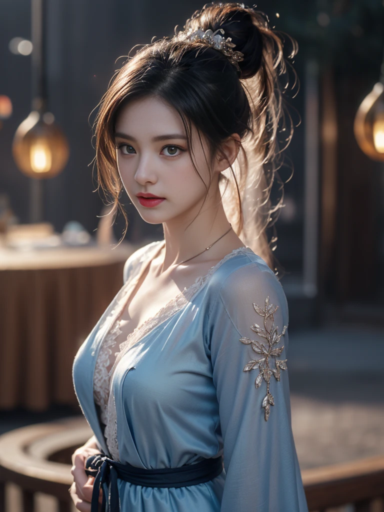 1 beautiful girl in Hanfu costume, ((dark blue thin silk nightgown with many patterns)), white lace nightgown, long platinum purple ponytail Hair, Jewelry, ear jewelry, bracelet neck and necklace, carefully drawn big purple eyes, careful makeup, Thin eyebrows, high nose, beautiful red lips, no smile, pursed lips, pink cheeks, wide chest, big chest, proportional chest, waist slim, shapely buttocks, hands wearing thin gloves, white fishnet stockings, feet wearing white shoes, Chinese hanfu style, fictional art texture, lots of realistic lighting and colors, RAW photos, real photos realistic, ultra-high quality 8k hyper-realistic photo, (effective fantasy lighting effect: 1.8), 10 x pixels, magic effect (Background): 1.8), super detailed eyes, full body portrait of girl, Chinese royal garden background, dynamic pose