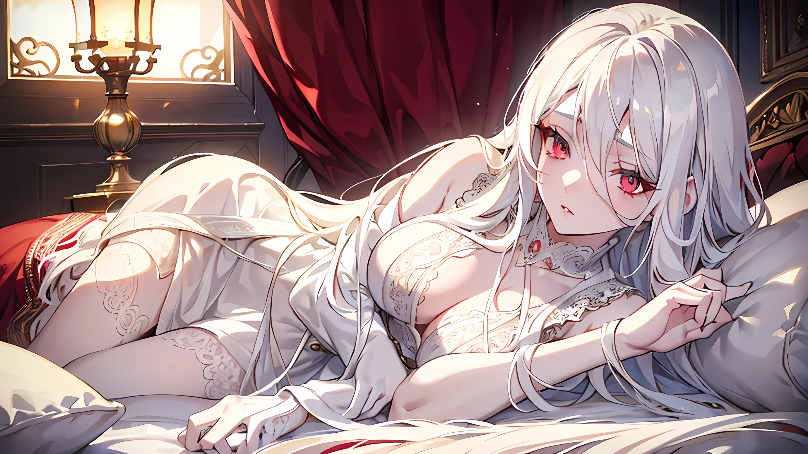 a beautiful girl with long white hair and red eyes lying on a bed, pale skin, detailed face, beautiful detailed eyes, beautiful detailed lips, extremely detailed eyes and face, long eyelashes, intricate hair details, soft lighting, warm color tones, cinematic composition, delicate and elegant, masterpiece, high quality, 8k, photorealistic