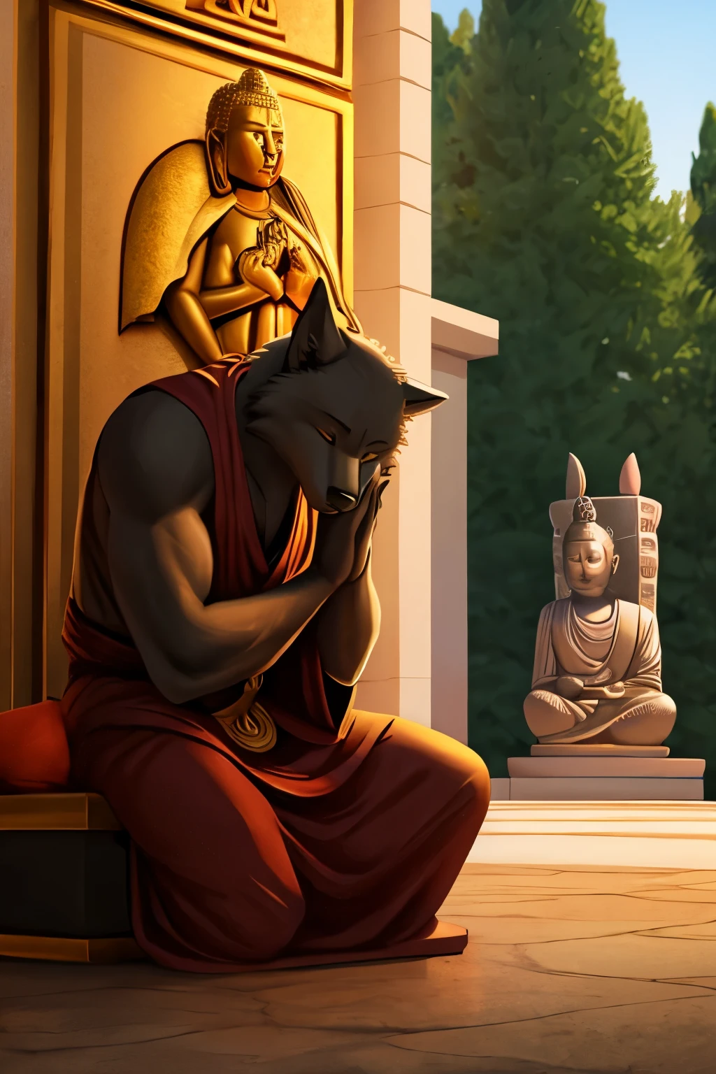 make a wolf on his knees praying to a statue of a buddha