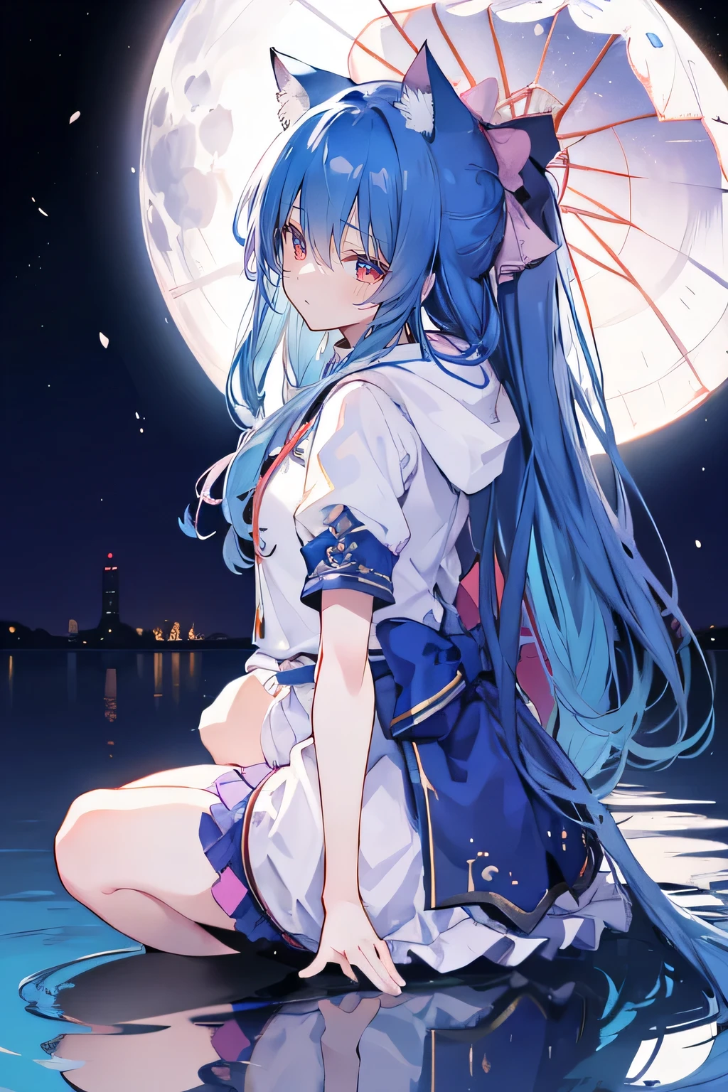 （masterpiece：1.2），Super detailed，lifelike，Expressive eyes，fair skin，perfect face shape，1 girl，
Japanese comics,Gorgeous blue hair,flowing blue hair,flowing clothes,Cat ears,Petals fall,beautiful lola,Baby Angel,
Shaking head with one hand，Cross your legs，Gentle and peaceful background，The pavilion is cool and comfortable,smile, wearing hoodie, background of tokyo,back views,snowing, winter,lie on the water,Reflection on the surface of the water，Full moon night。