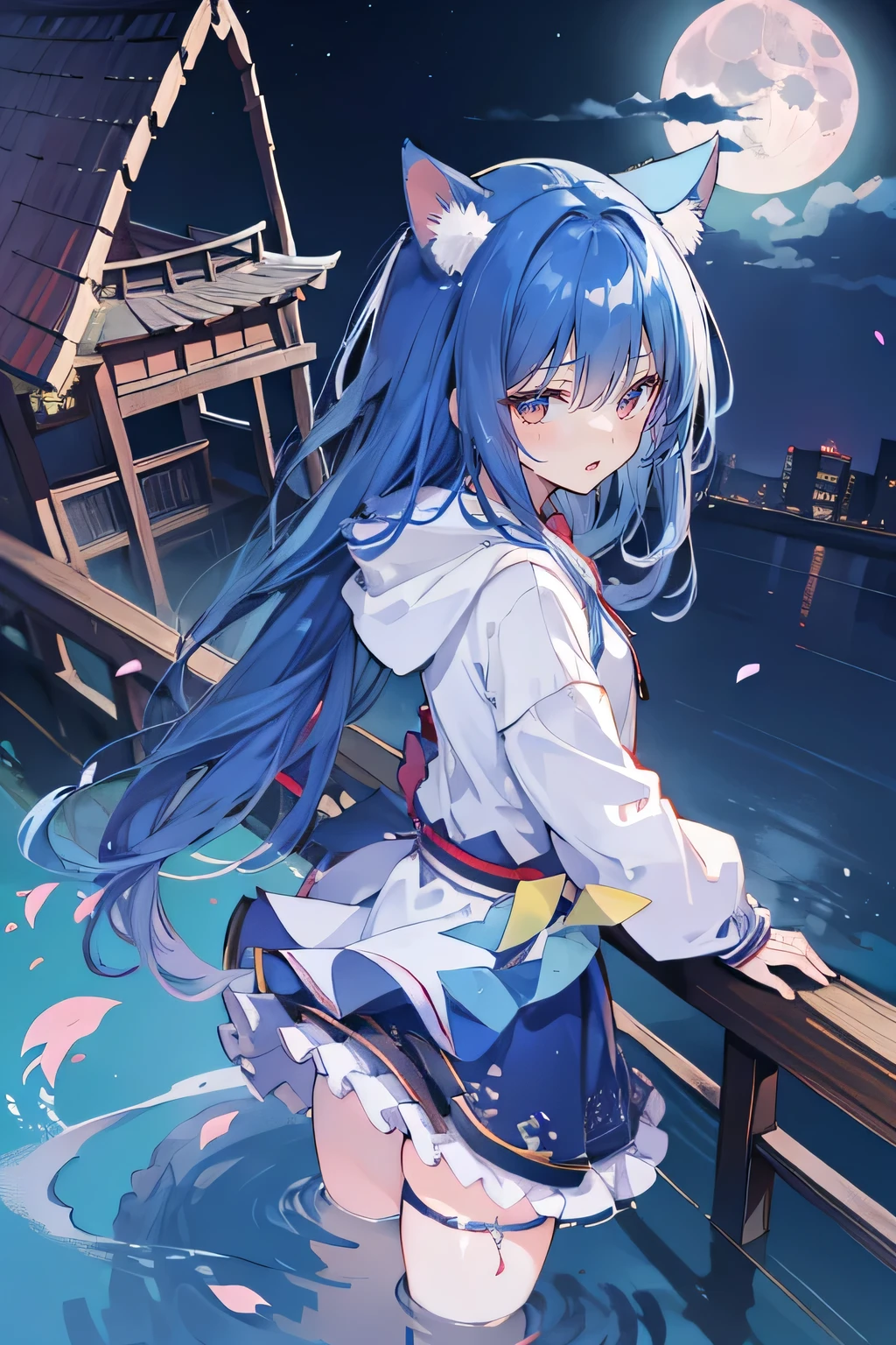 (masterpiece:1.2),Super detailed,lifelike,Expressive eyes,fair skin,perfect face shape,1 girl,
Japanese comics,Gorgeous blue hair,flowing blue hair,flowing clothes,Cat ears,Petals fall,beautiful lola,Baby Angel,
Shaking head with one hand,Cross your legs,Gentle and peaceful background,The pavilion is cool and comfortable,smile, wearing hoodie, background of tokyo,back views,snowing, winter,lie on the water,Reflection on the surface of the water,Full moon night。