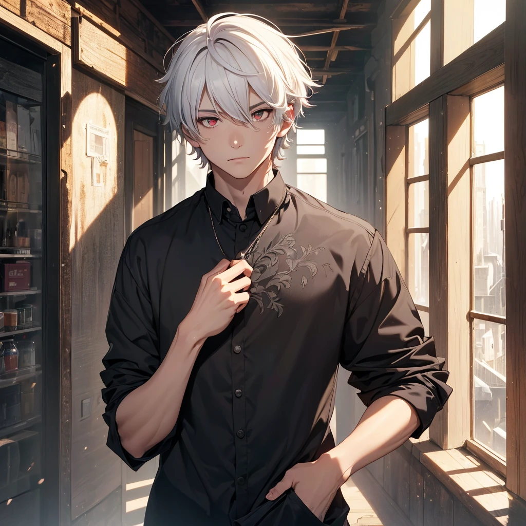 (absurdres, highres, ultra detailed, HDR), masterpiece, best quality, a boy, solo, handsome, short hair, white hair, finely red eyes and detailed face, casual clothes, real shadow