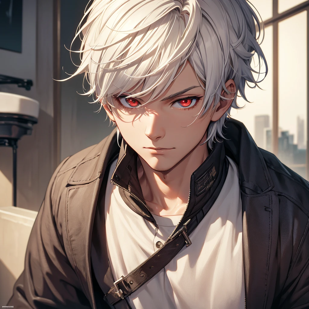 (absurdres, highres, ultra detailed, HDR), masterpiece, best quality, a boy, solo, handsome, short hair, white hair, finely red eyes and detailed face, casual clothes, real shadow