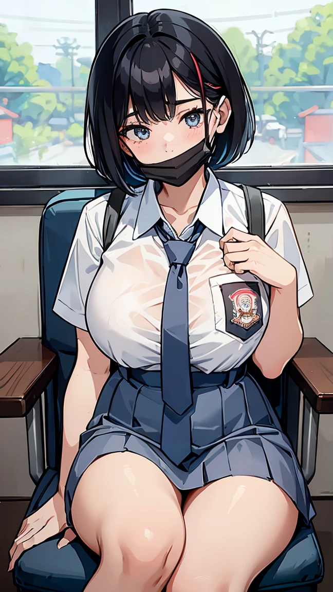 1 woman, ************, (Korean Wolf Cut haircut, black hair), scared face expression, plump body, blue eyes, Indonesian high-school uniform, (wearing transparent white shirt, showing bra), osis logo on shirt pocket, huge XL breasts, light-grey pleated skirt, sitting on a chair, seductive pose, full body shot, smiling, blush, looking_at_viewer, in the classroom, (wear a mask, surgical mask fit his face, mask_pull)