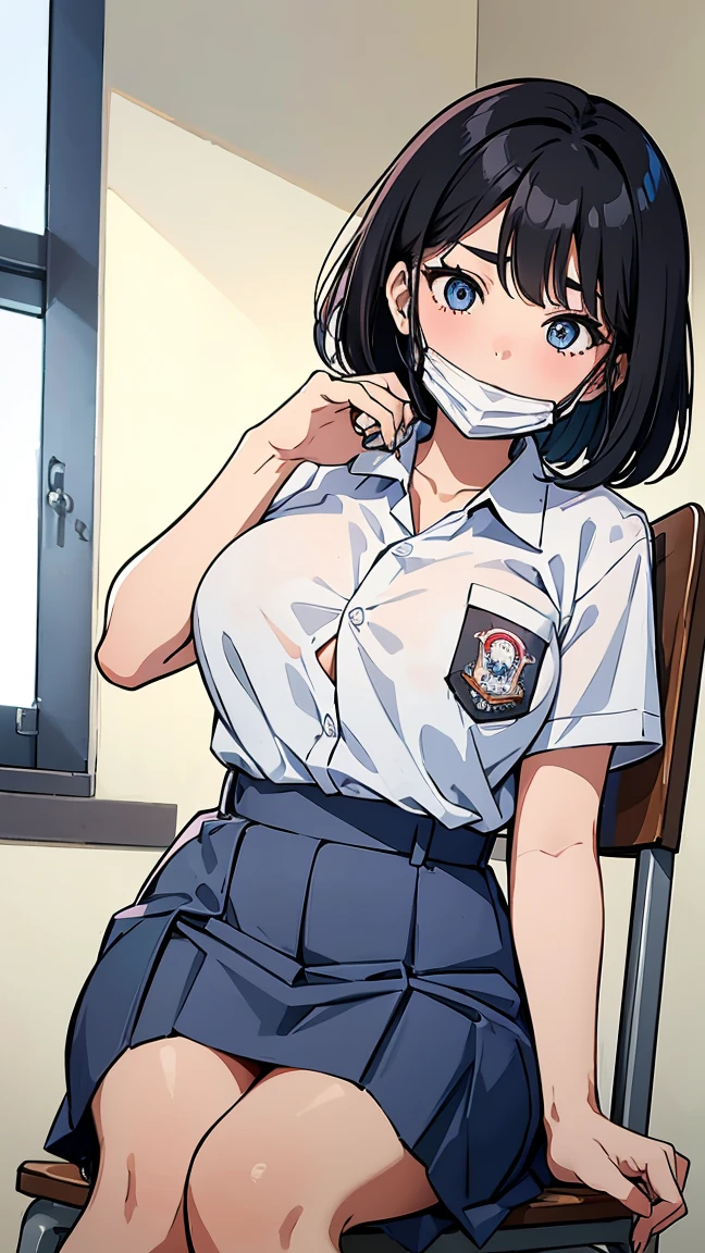 1 woman, ************, (Korean Wolf Cut haircut, black hair), scared face expression, plump body, blue eyes, Indonesian high-school uniform, (wearing transparent white shirt, showing bra), osis logo on shirt pocket, huge XL breasts, light-grey pleated skirt, sitting on a chair, seductive pose, full body shot, smiling, blush, looking_at_viewer, in the classroom, (wear a mask, surgical mask fit his face, mask_pull)