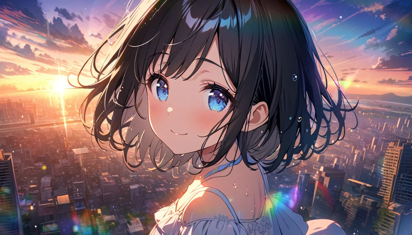Angelic, beautiful 1girl, solo, gentle smile on her face flat chest, short hair, black hair, beautiful blue eyes, detailed woman, sunrise, rainbow, after the rain, horizon, in the sky, city , lens flare, colorful, high-res, 8K