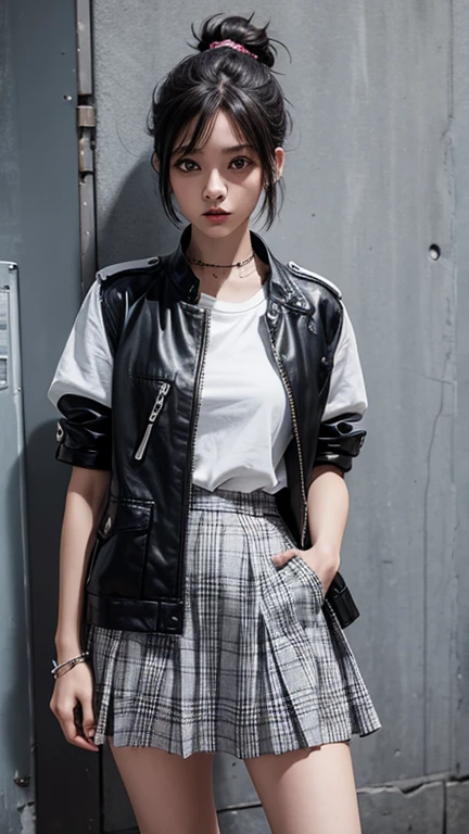 solo , 1girl , white shirt rock punk styes , Medium breast , skirt rock punk styes