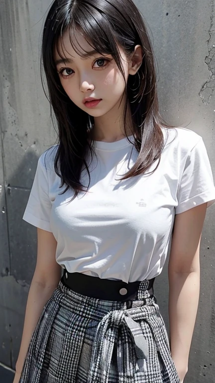 solo , 1girl , white shirt rock punk styes , Medium breast , skirt rock punk styes