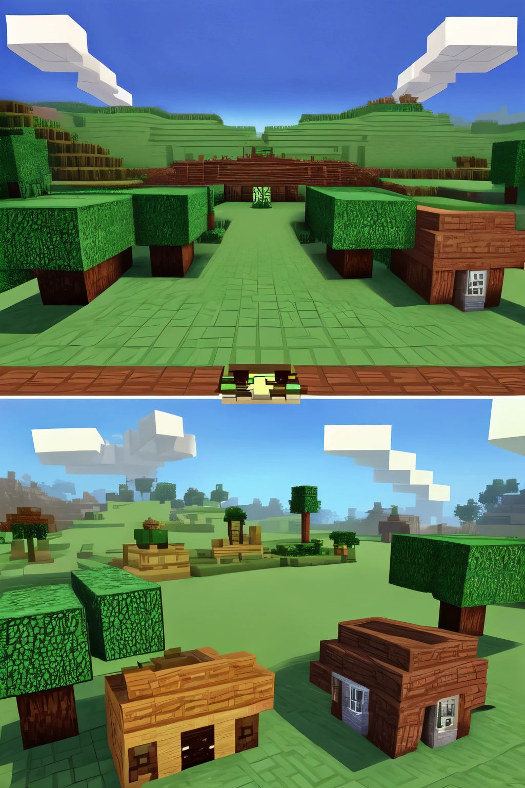 Draw a logo for "Neighborhood Association" , the logo itself should be in the style of minecraft, several houses in different styles should be depicted located on hills in the foreground, in the background the sky and earth are depicted in the form of green hills